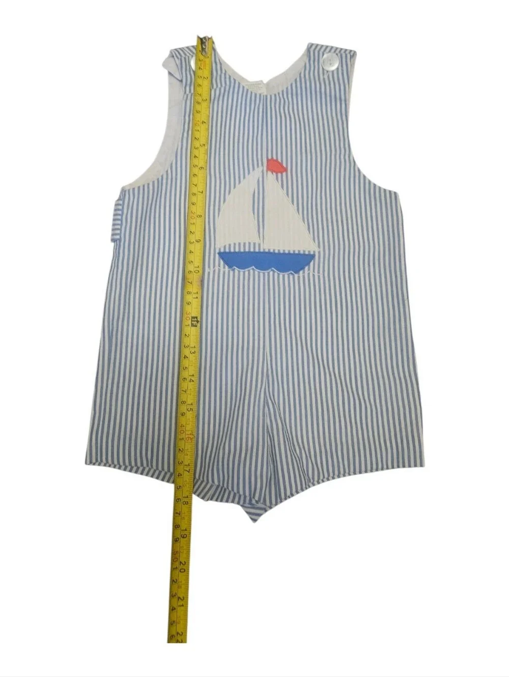 Vintage Baby Jon-Jon Romper White Blue Striped Sailboat Embroidery No Size
